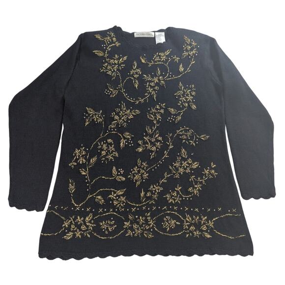 Victoria Jones Y2K Black Floral Embroidered Sweater Top Sz S Cottagecore - Picture 1 of 11